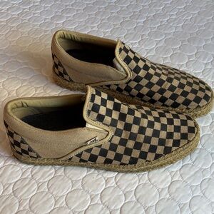 Mens VANS 11.5 Summer Checkerboard Raffia Trim Slip Ons Skater Tan Black